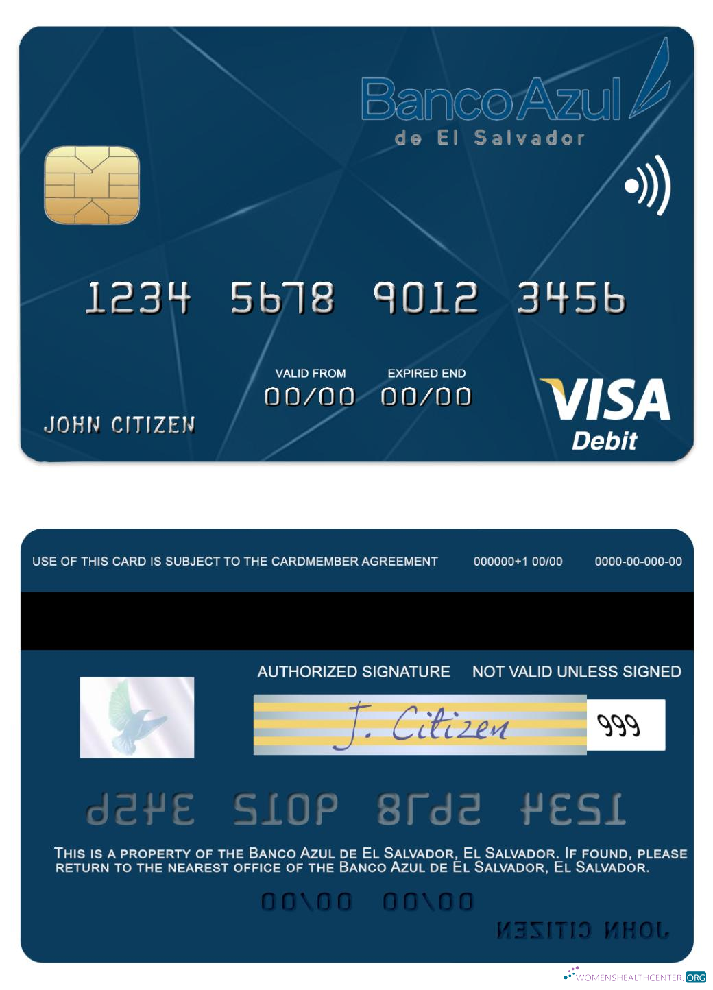 Download El Salvador Banco Azul de El Salvador visa debit card Photoshop template